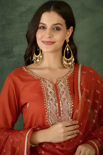 Women's Gorgeous Embroidery Work Silk Fabric Straight Kurta Pant and Dupatta Set