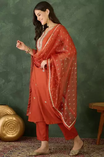 Women's Gorgeous Embroidery Work Silk Fabric Straight Kurta Pant and Dupatta Set