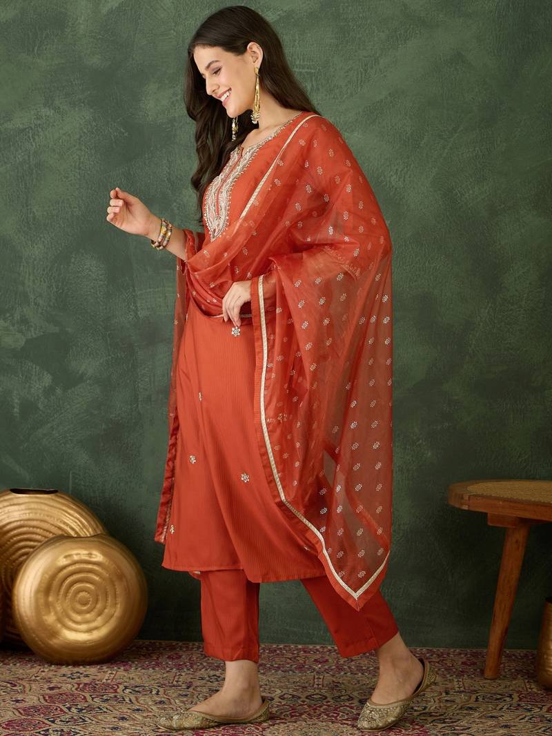 Women's Gorgeous Embroidery Work Silk Fabric Straight Kurta Pant and Dupatta Set