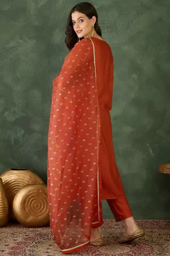 Women's Gorgeous Embroidery Work Silk Fabric Straight Kurta Pant and Dupatta Set