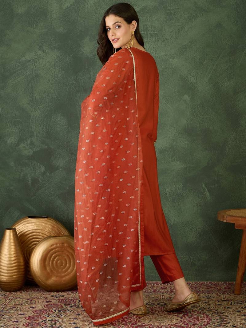 Women's Gorgeous Embroidery Work Silk Fabric Straight Kurta Pant and Dupatta Set