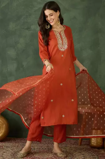 Women's Gorgeous Embroidery Work Silk Fabric Straight Kurta Pant and Dupatta Set