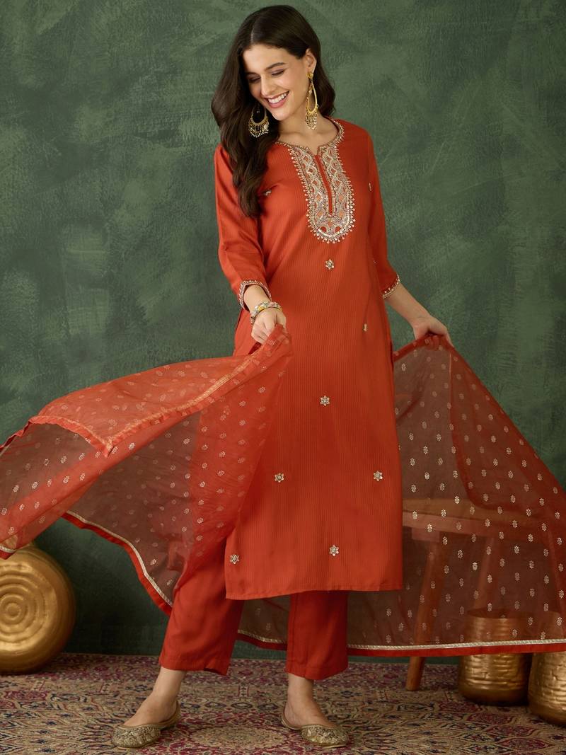 Women's Gorgeous Embroidery Work Silk Fabric Straight Kurta Pant and Dupatta Set