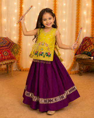 Kids yellow rayon cotton embroidered koti with roman silk chaniya choli for navratri 1