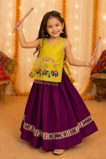 Kids yellow rayon cotton embroidered koti with roman silk chaniya choli for navratri