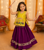 Kids yellow rayon cotton embroidered koti with roman silk chaniya choli for navratri