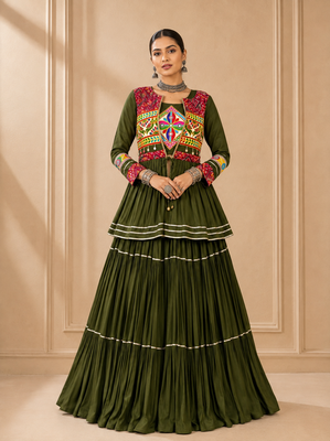 Green Cotton Gamthi Work Lehenga Choli with Koti 1