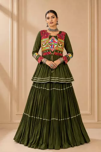 Green Cotton Gamthi Work Lehenga Choli with Koti