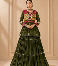 Green Cotton Gamthi Work Lehenga Choli with Koti