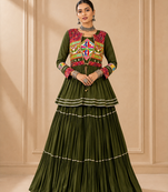 Green Cotton Gamthi Work Lehenga Choli with Koti