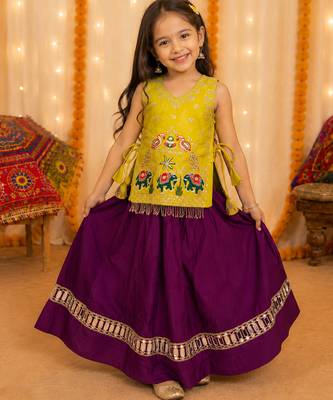 Kids yellow rayon cotton embroidered koti with roman silk chaniya choli for navratri 2