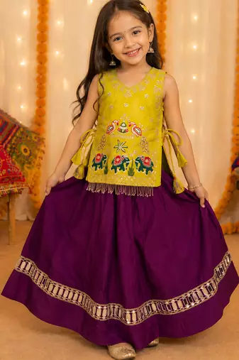Kids yellow rayon cotton embroidered koti with roman silk chaniya choli for navratri
