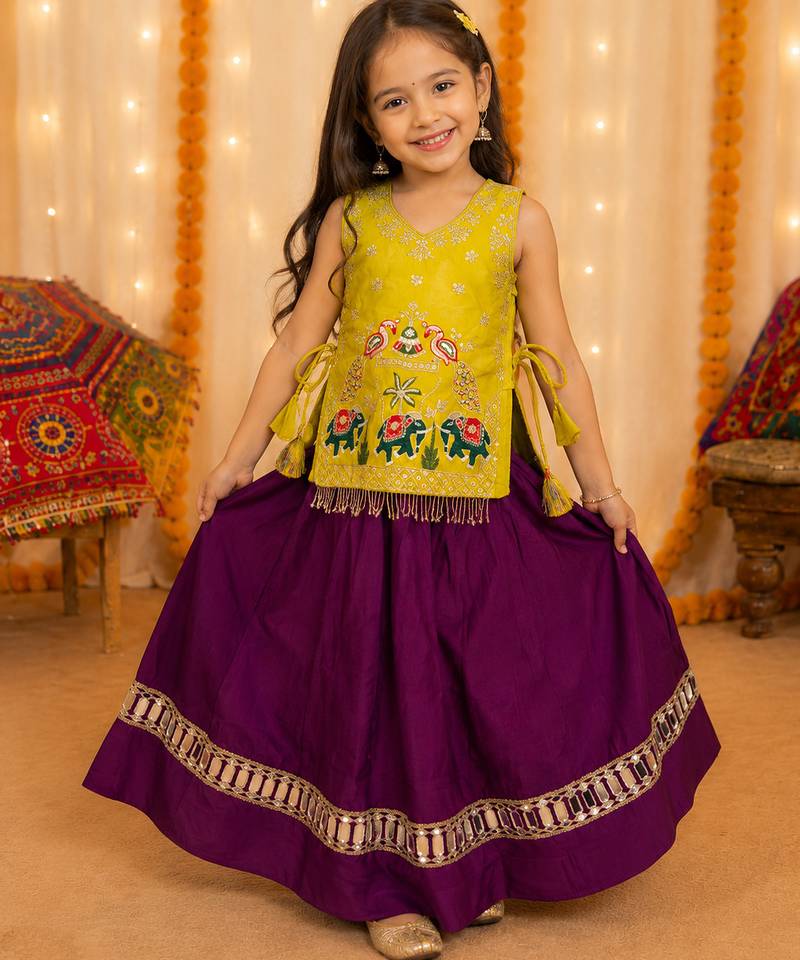 Kids yellow rayon cotton embroidered koti with roman silk chaniya choli for navratri