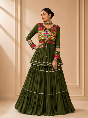 Green Cotton Gamthi Work Lehenga Choli with Koti 2