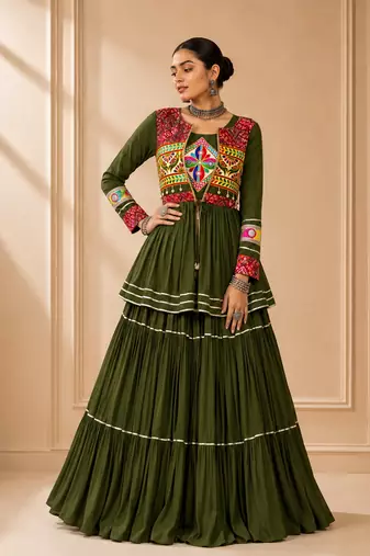 Green Cotton Gamthi Work Lehenga Choli with Koti