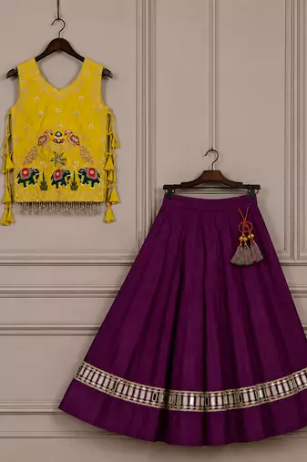 Kids yellow rayon cotton embroidered koti with roman silk chaniya choli for navratri