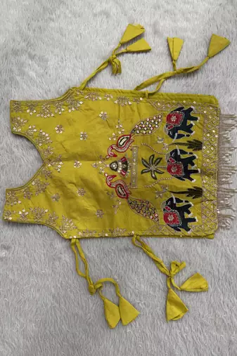 Kids yellow rayon cotton embroidered koti with roman silk chaniya choli for navratri