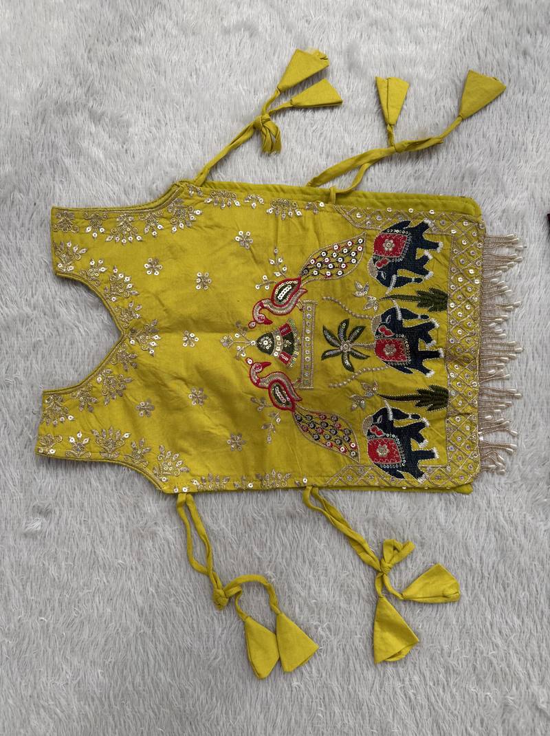 Kids yellow rayon cotton embroidered koti with roman silk chaniya choli for navratri