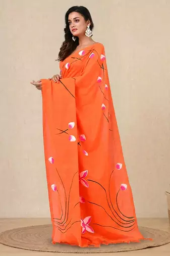 orange printed cotton blend soft saree