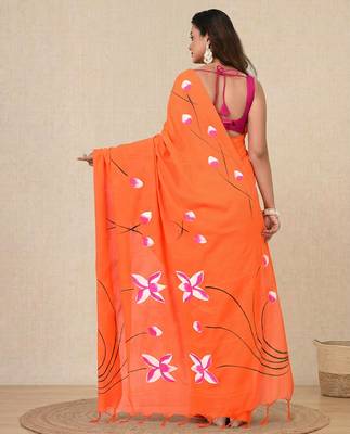 orange printed cotton blend soft saree 3