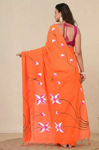 orange printed cotton blend soft saree