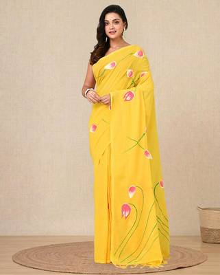 yellow printed cotton blend soft saree 1