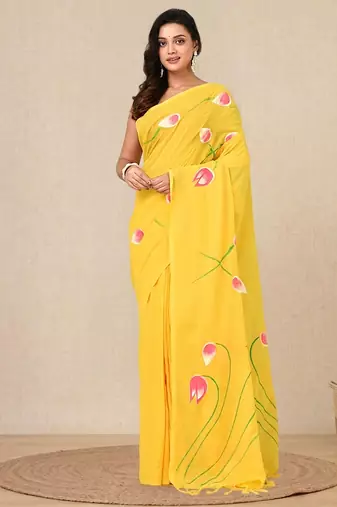 yellow printed cotton blend soft saree