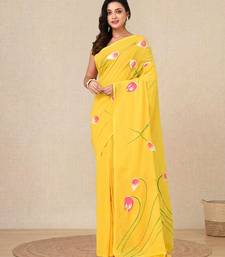yellow printed cotton blend soft saree