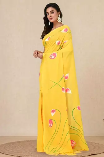 yellow printed cotton blend soft saree