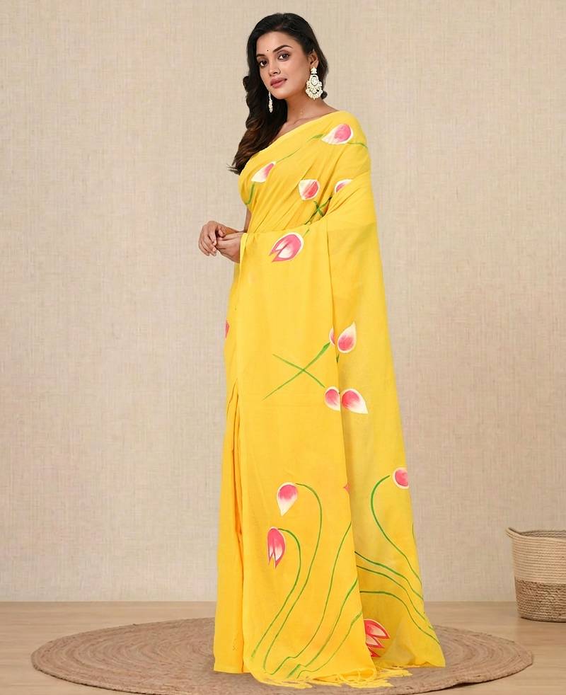 yellow printed cotton blend soft saree