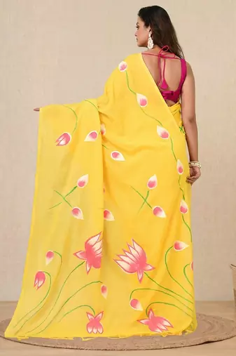 yellow printed cotton blend soft saree