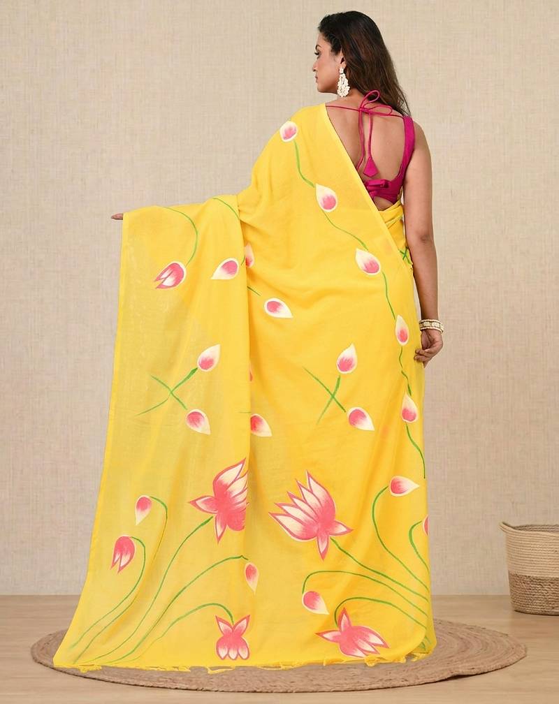 yellow printed cotton blend soft saree