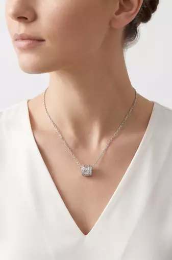 925 Sterling Silver Rhodium Plated Baguette CZ Barrel Pendant Necklace  Set for Women