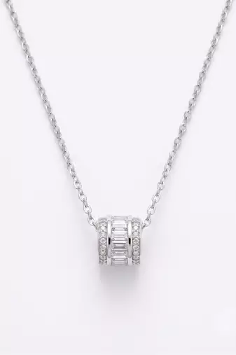 925 Sterling Silver Rhodium Plated Baguette CZ Barrel Pendant Necklace  Set for Women