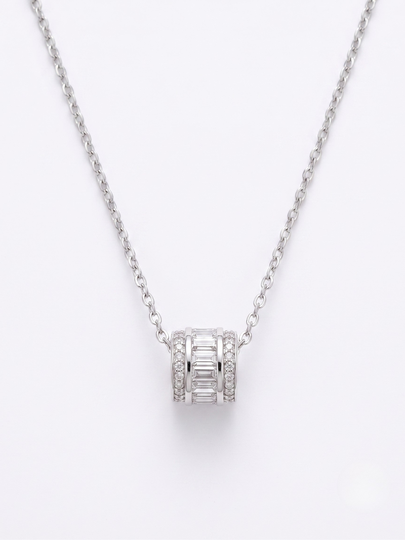 925 Sterling Silver Rhodium Plated Baguette CZ Barrel Pendant Necklace  Set for Women