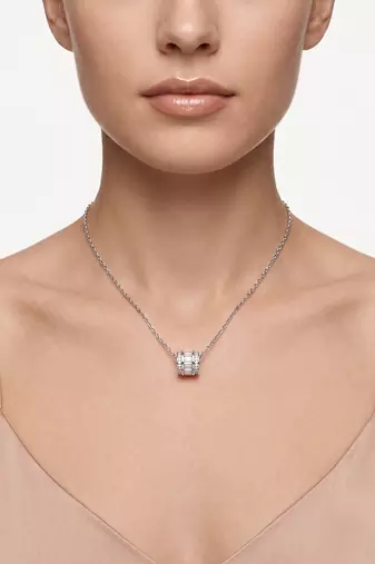 925 Sterling Silver Rhodium Plated Baguette CZ Barrel Pendant Necklace  Set for Women