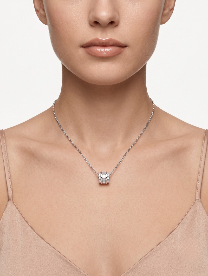 925 Sterling Silver Rhodium Plated Baguette CZ Barrel Pendant Necklace  Set for Women