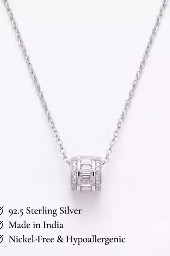 925 Sterling Silver Rhodium Plated Baguette CZ Barrel Pendant Necklace  Set for Women