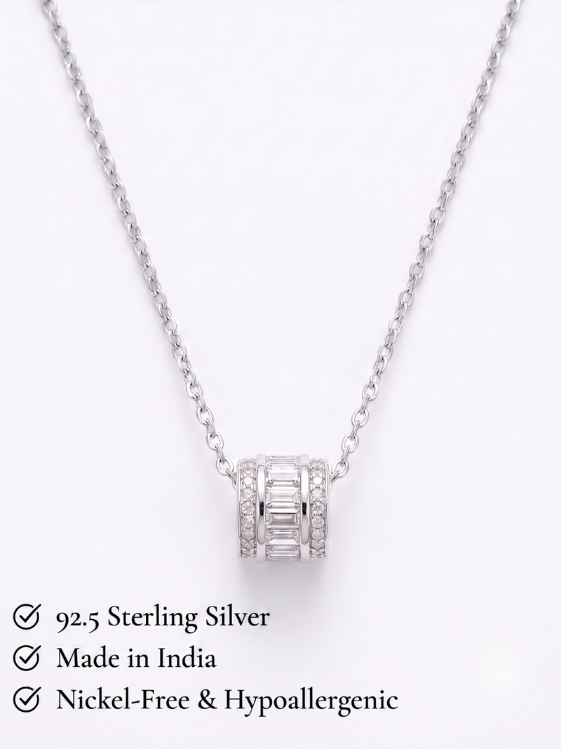925 Sterling Silver Rhodium Plated Baguette CZ Barrel Pendant Necklace  Set for Women