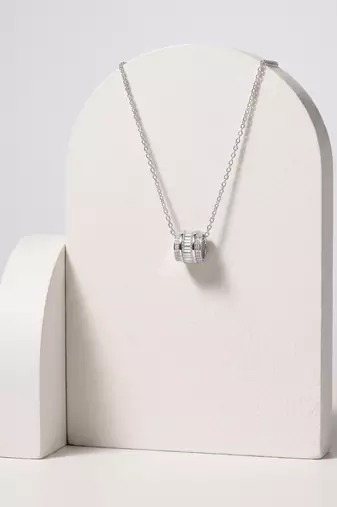 925 Sterling Silver Rhodium Plated Baguette CZ Barrel Pendant Necklace  Set for Women