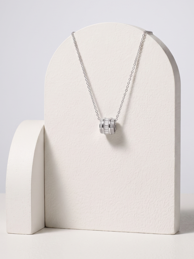 925 Sterling Silver Rhodium Plated Baguette CZ Barrel Pendant Necklace  Set for Women