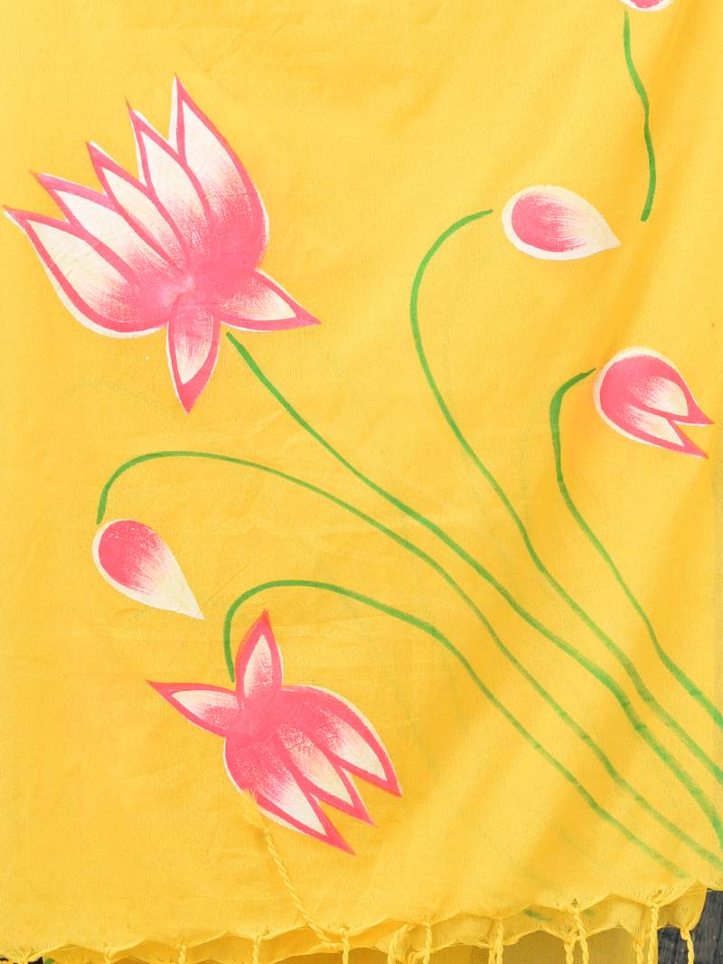 yellow printed cotton blend soft saree