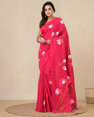pink printed cotton blend soft saree 1