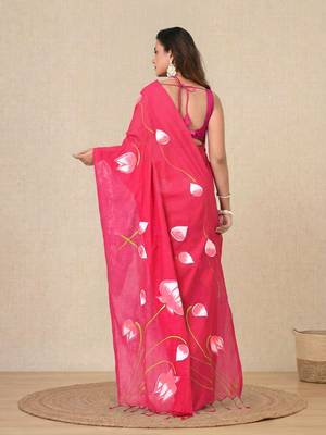 pink printed cotton blend soft saree 3