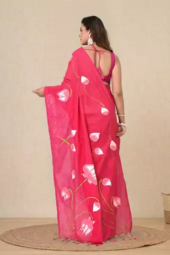 pink printed cotton blend soft saree