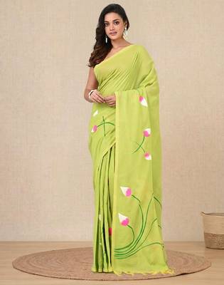 green printed cotton blend soft saree 1
