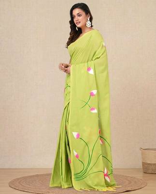 green printed cotton blend soft saree 2