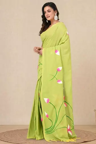 green printed cotton blend soft saree