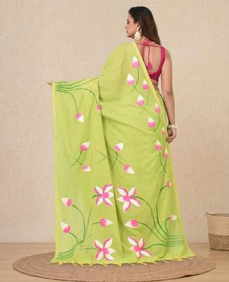 green printed cotton blend soft saree 3