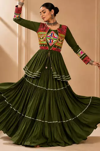 Green Cotton Gamthi Work Lehenga Choli with Koti